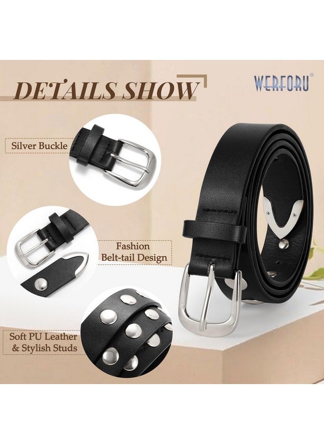 WERFORU Women Fashion Leather Belt Women Belts for Jeans Dress Women Punk Leather Belt Women Studded Leather Belt Women Vintage Belt,(Black-Silver,32