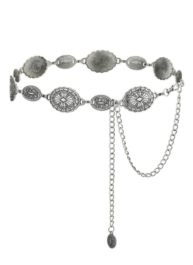 TOPACC Western Metal Oval Concho Chain Belt for Women Silver Cowgirl Belt for Dresses Jeans Country Concert Outfit