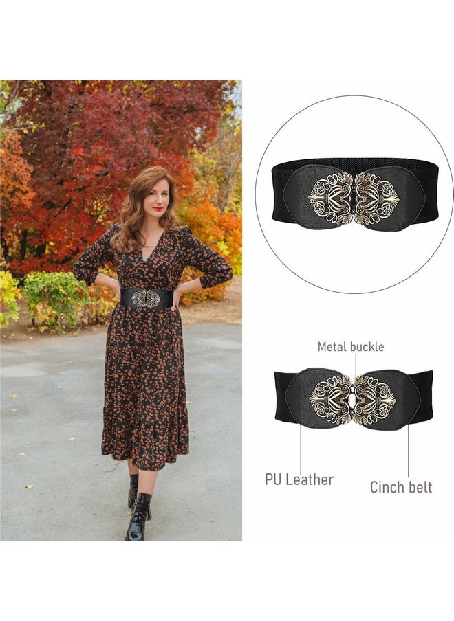 SYGA Women Cinch Belt, PU Leather Stretchy Waist Belt with Floral Metal Buckle, Retro Style - Black(Fits Waist Size 25-35)