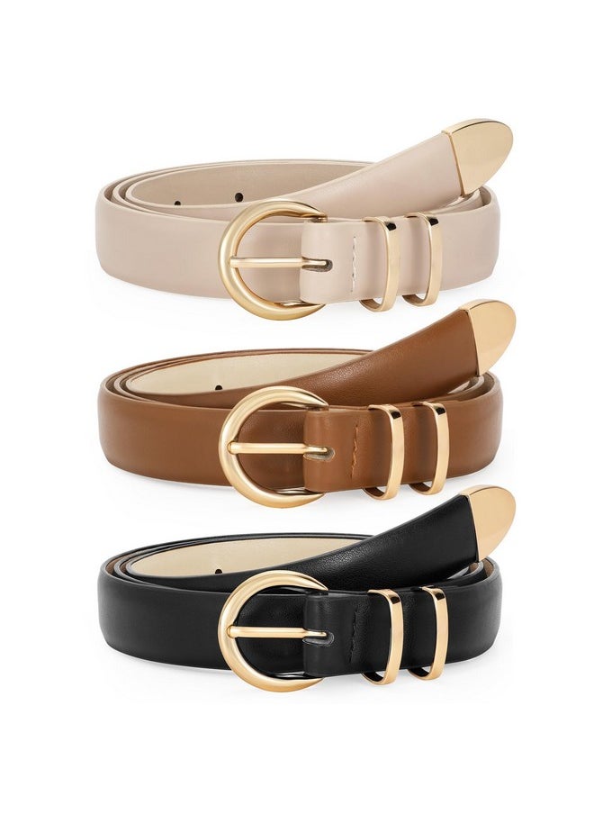 WERFORU 3 Pack Women's Skinny Leather Belts for Jeans Dress Ladies Vintage Waist Belt with Gold Silver Buckle