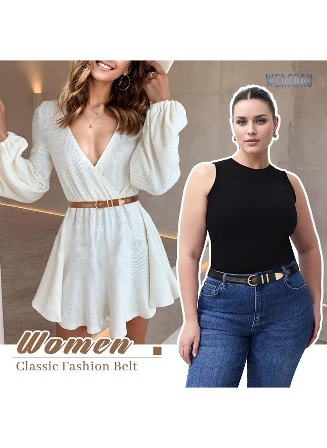 WERFORU 3 Pack Women's Skinny Leather Belts for Jeans Dress Ladies Vintage Waist Belt with Gold Silver Buckle