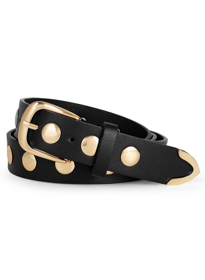 WERFORU Women Fashion Leather Belt Women Belts for Jeans Dress Women Punk Leather Belt Women Studded Leather Belt Women Vintage Belt,(A-Black-Gold,32