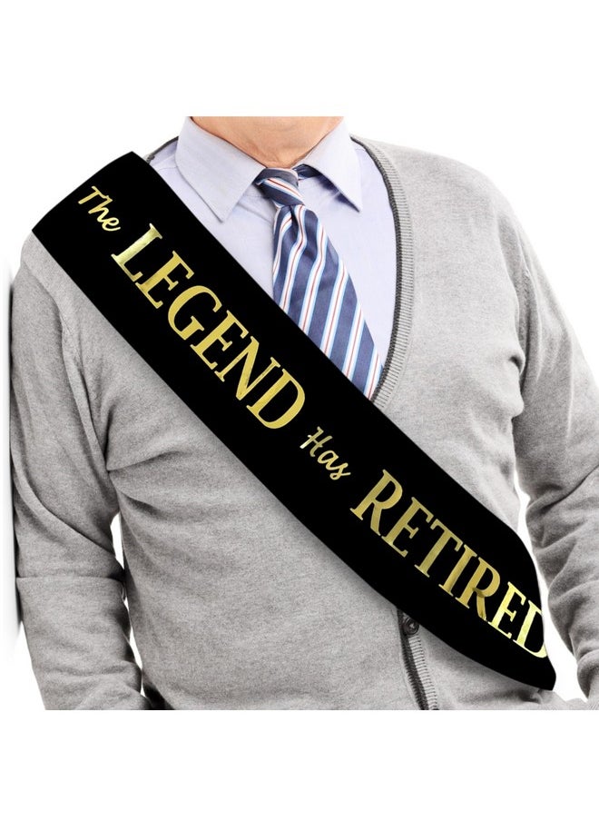 JPACO The Legend Has Retired Sash - Elegant Black and Gold Foil Legendary Sash for Both Women and Men & a Large Gold Safety Pin. Perfect for Retirement Parties