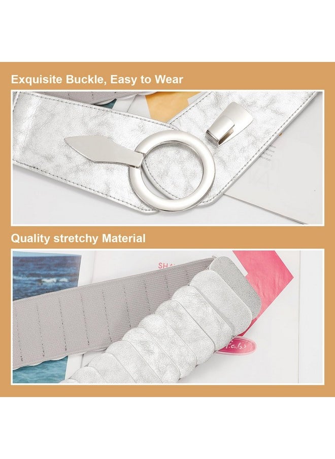 WHIPPY Women Wide Elastic Waist Belt Vintage Wide Stretch Waist Belt Fashion Retro Leather Waistband for Dresses, Silver, S