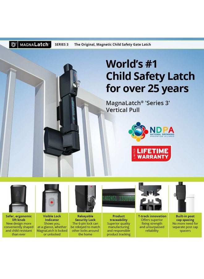 D&D Technologies ML3VPKA MagnaLatch Vertical Pull, Child & Pet Safety Magnetic Gate Latch and Gate Lock, for Any Square Gate