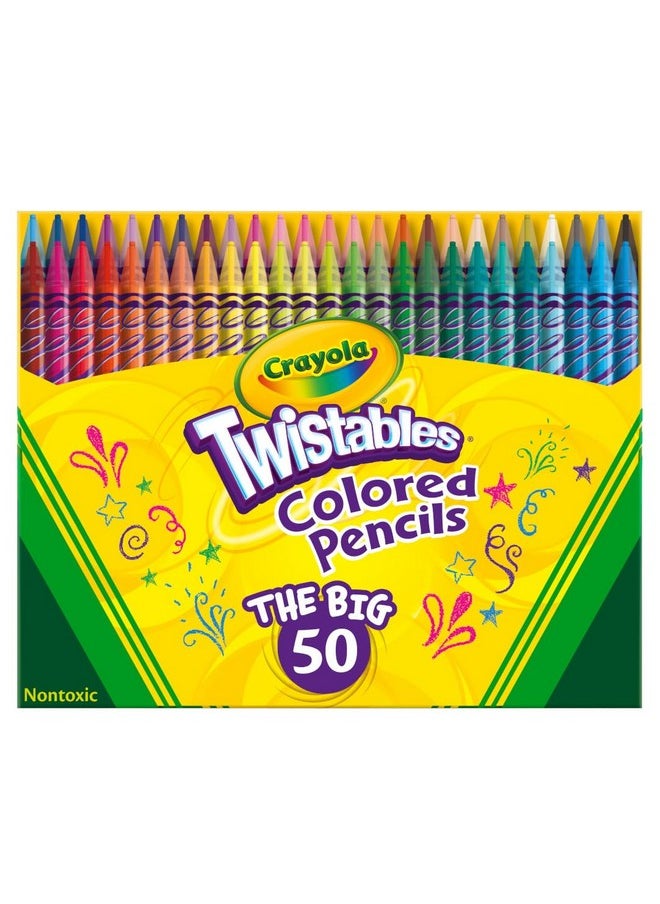 Crayola Twistables Colored Pencil Set (50ct), No Sharpen Colored Pencils For Kids, Coloring Book Pencils, Stocking Stuffers for Kids, Holiday Gift, 4+