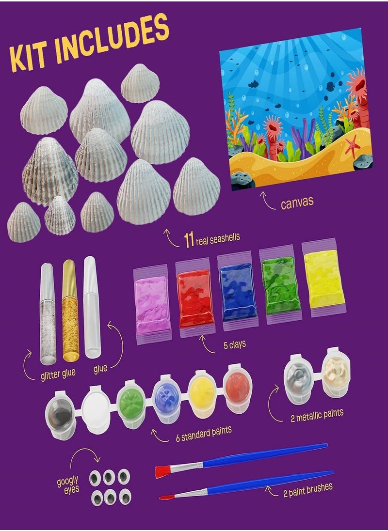 Seashell Painting Kit for Kids Arts and Crafts Toys 11 Seashells 8 Paints Canvas and Clay Craft Summer Kid Beach Activities Kits Art Set DIY Supplies Games Birthday Gifts Toys for Girls Boys