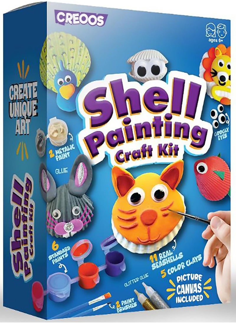 Seashell Painting Kit for Kids Arts and Crafts Toys 11 Seashells 8 Paints Canvas and Clay Craft Summer Kid Beach Activities Kits Art Set DIY Supplies Games Birthday Gifts Toys for Girls Boys