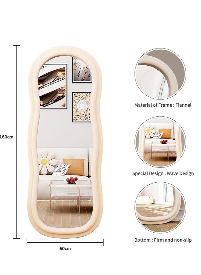 Full Length Mirror 60x160cm – Irregular Wavy Wave Arched Design, Flannel Wrapped Wooden Frame in Beige, Standing, Hanging, or Leaning Against Wall, Large Bedroom Mirror, Decorative Floor Mirror, Full Body Mirror, Stylish Home Décor Mirror for Living Room, Bedroom, or Entryway, Modern Wall-Mounted Mirror