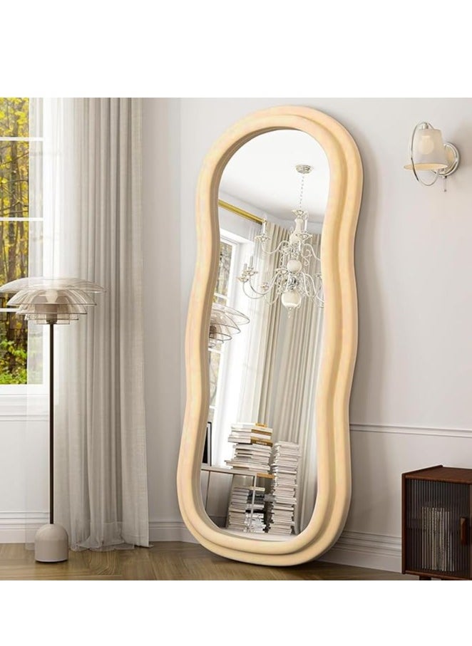 Full Length Mirror 60x160cm – Irregular Wavy Wave Arched Design, Flannel Wrapped Wooden Frame in Beige, Standing, Hanging, or Leaning Against Wall, Large Bedroom Mirror, Decorative Floor Mirror, Full Body Mirror, Stylish Home Décor Mirror for Living Room, Bedroom, or Entryway, Modern Wall-Mounted Mirror