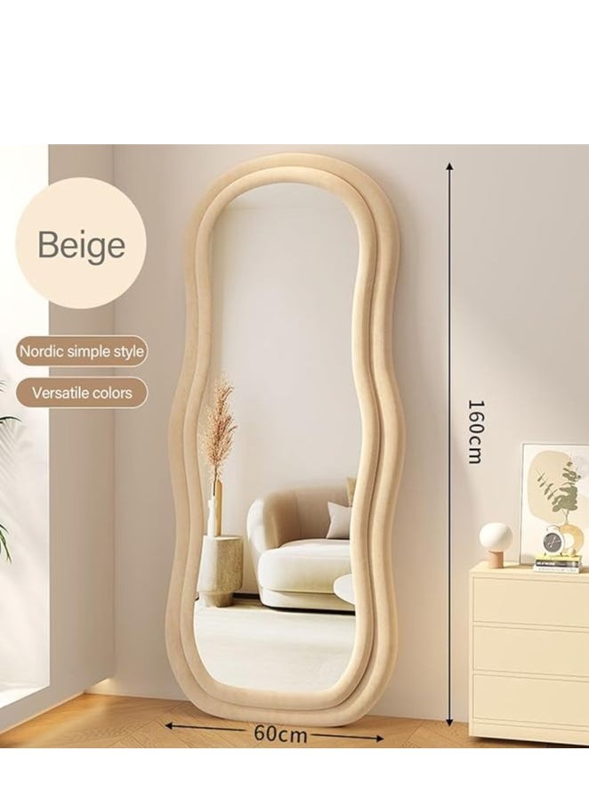 Full Length Mirror 60x160cm – Irregular Wavy Wave Arched Design, Flannel Wrapped Wooden Frame in Beige, Standing, Hanging, or Leaning Against Wall, Large Bedroom Mirror, Decorative Floor Mirror, Full Body Mirror, Stylish Home Décor Mirror for Living Room, Bedroom, or Entryway, Modern Wall-Mounted Mirror