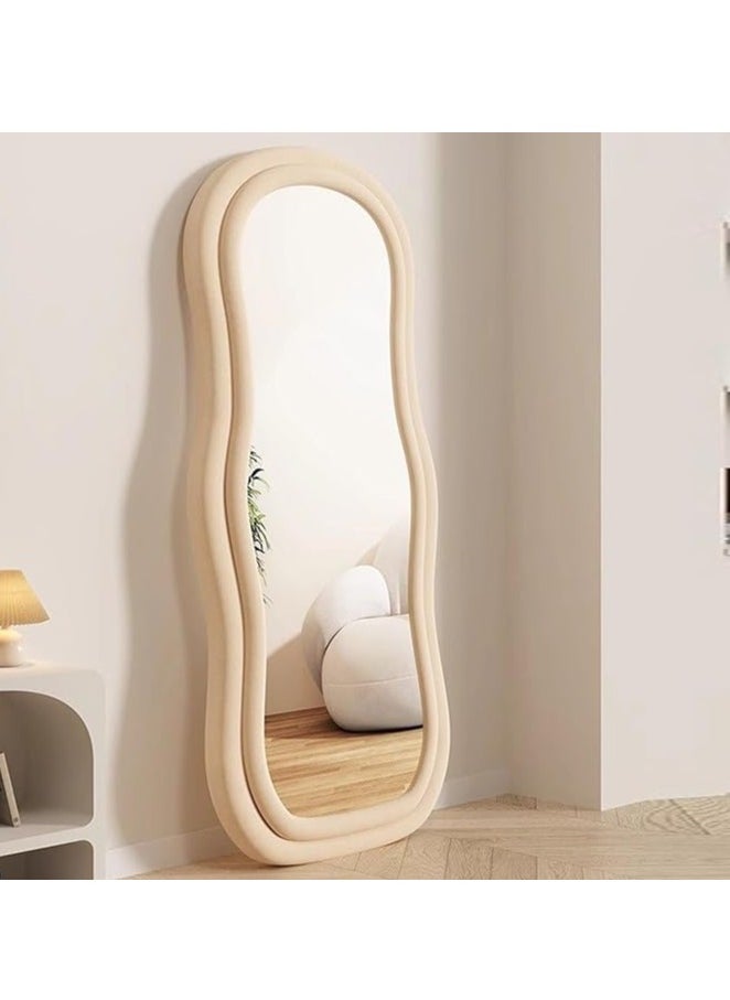 Full Length Mirror 60x160cm – Irregular Wavy Wave Arched Design, Flannel Wrapped Wooden Frame in Beige, Standing, Hanging, or Leaning Against Wall for Bedroom