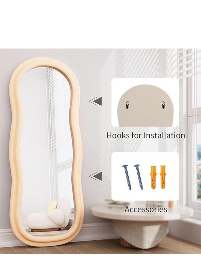 Full Length Mirror 60x160cm – Irregular Wavy Wave Arched Design, Flannel Wrapped Wooden Frame in Beige, Standing, Hanging, or Leaning Against Wall, Large Bedroom Mirror, Decorative Floor Mirror, Full Body Mirror, Stylish Home Décor Mirror for Living Room, Bedroom, or Entryway, Modern Wall-Mounted Mirror