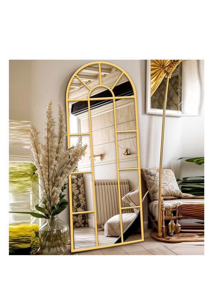 Arched Wall Mirror 170x60cm – Window Decorative Metal Framed Mirror in Gold, Wall-Mounted Farmhouse Style Mirror for Bedroom, Living Room, and Entryway