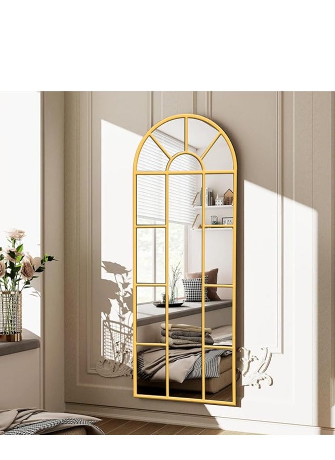 Arched Wall Mirror 170x60cm – Window Decorative Metal Framed Mirror in Gold, Wall-Mounted Farmhouse Style Mirror for Bedroom, Living Room, and Entryway