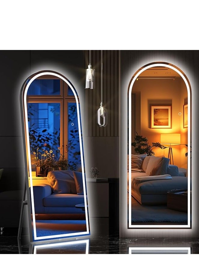 Arched Full Length Mirror with LED Lights, 160x70cm – Full Body Mirror with Stand, Wall-Mounted with Dimming & 3 Color Lighting for Bedroom