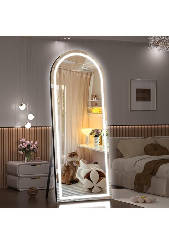 Arched Full Length Mirror with LED Lights, 160x70cm – Full Body Mirror with Stand, Wall-Mounted with Dimming & 3 Color Lighting for Bedroom