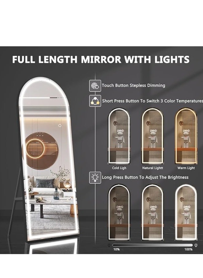 Arched Full Length Mirror with LED Lights, 160x70cm – Full Body Mirror with Stand, Wall-Mounted with Dimming & 3 Color Lighting for Bedroom