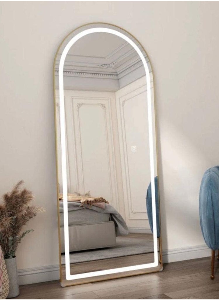 160x70cm Arched Full Length Mirror with LED Lights – Full Body Mirror with Stand, Wall-Mounted with Dimming & 3 Color Lighting for Bedroom (Gold, 63