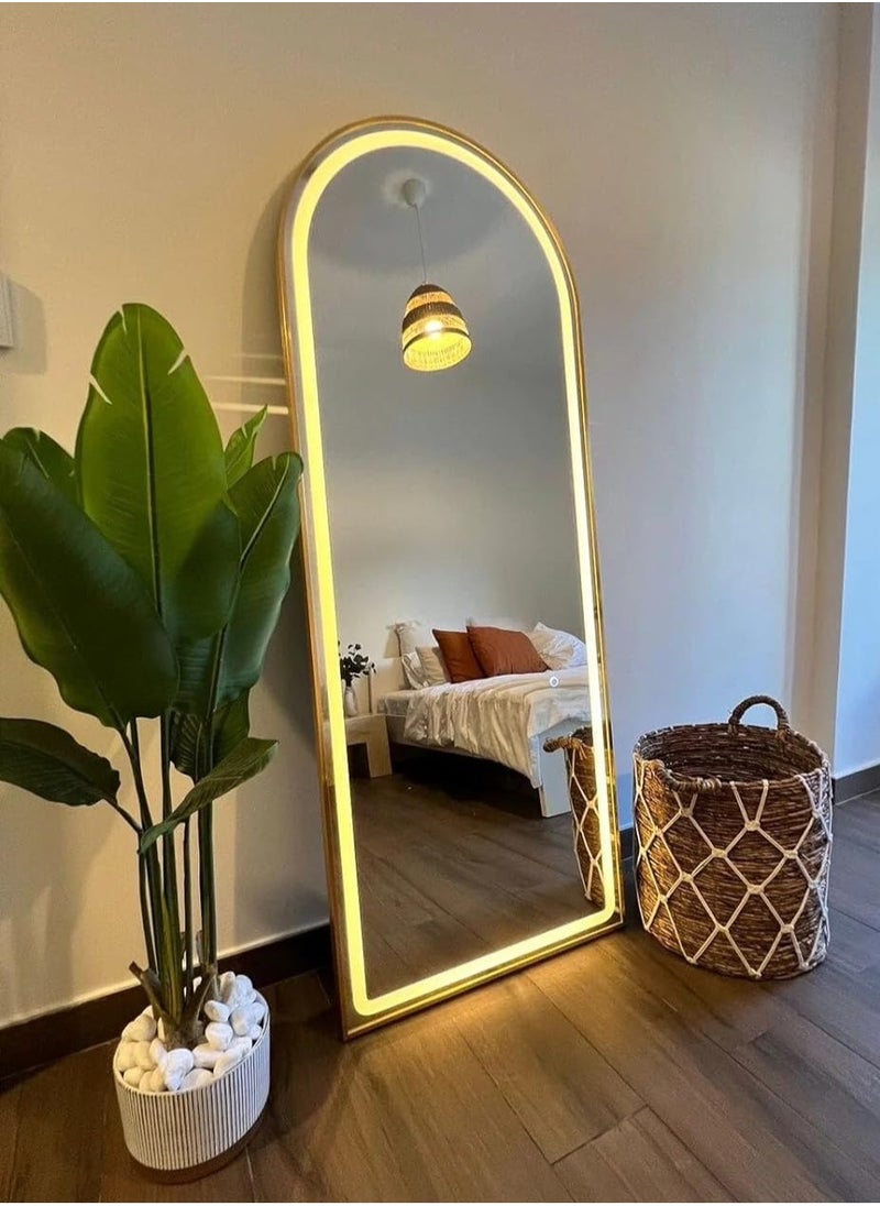 160x70cm Arched Full Length Mirror with LED Lights – Full Body Mirror with Stand, Wall-Mounted with Dimming & 3 Color Lighting for Bedroom (Gold, 63