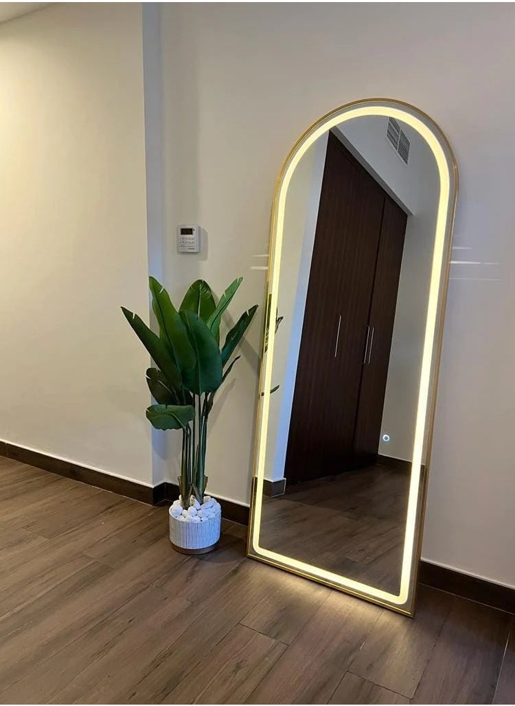 160x70cm Arched Full Length Mirror with LED Lights – Full Body Mirror with Stand, Wall-Mounted with Dimming & 3 Color Lighting for Bedroom (Gold, 63