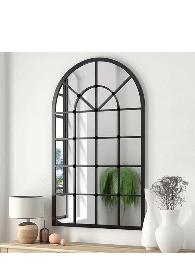 Black Metal Arched Window Wall Mirror 40x70cm – Windowpane Design, Rustic Farmhouse Style for Living Room, Entryway, Fireplace (40x70cm)