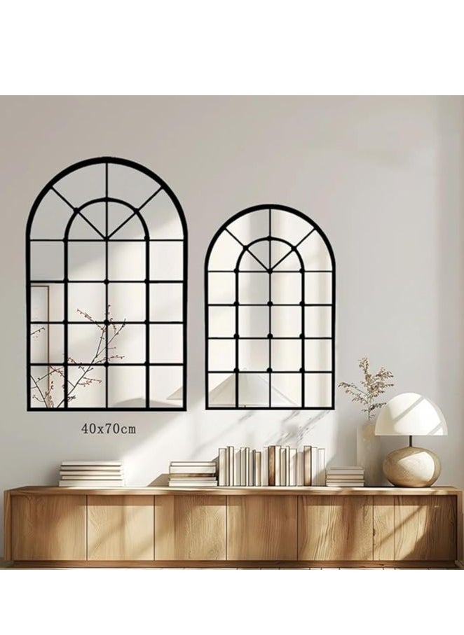 Black Metal Arched Window Wall Mirror 40x70cm – Windowpane Design, Rustic Farmhouse Style for Living Room, Entryway, Fireplace (40x70cm)