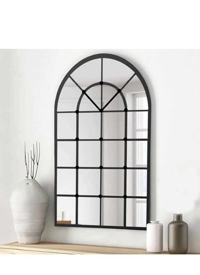 Black Metal Arched Window Wall Mirror 40x70cm – Windowpane Design, Rustic Farmhouse Style for Living Room, Entryway, Fireplace (40x70cm)