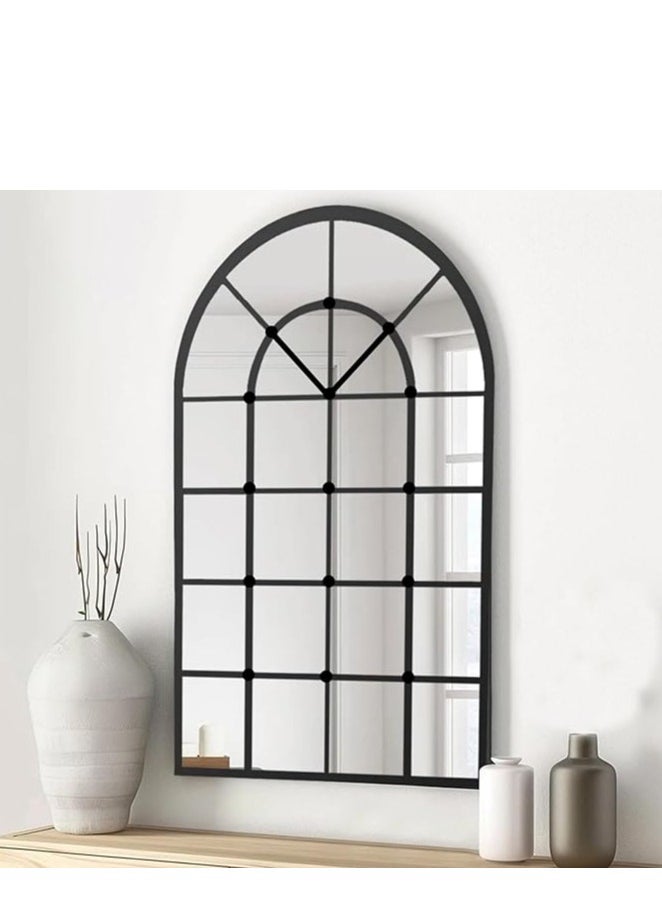 Black Metal Arched Window Wall Mirror 40x70cm – Windowpane Design, Rustic Farmhouse Style for Living Room, Entryway, Fireplace (40x70cm)