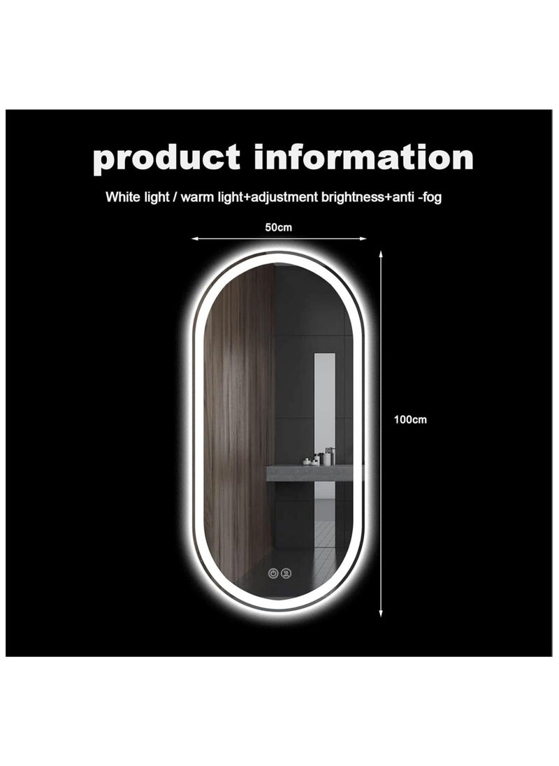 Modern LED Oval Bathroom Makeup Mirror – Anti-Fog Wall-Mounted Lighted Mirror with 3 Colors and Dimmable Brightness for Vanity (100X 50 CM)