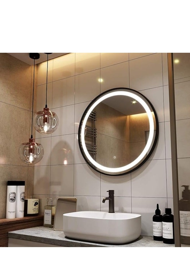 Round LED Backlit Vanity Mirror with Anti-Fog Function – Dimmable Bathroom Wall Mounted Mirror for Makeup, 70x70cm – Modern Circle Mirror with Adjustable Lighting