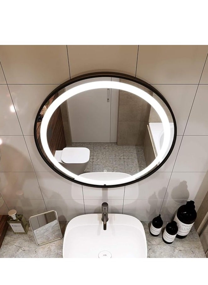 Round LED Backlit Vanity Mirror with Anti-Fog Function – Dimmable Bathroom Wall Mounted Mirror for Makeup, 70x70cm – Modern Circle Mirror with Adjustable Lighting