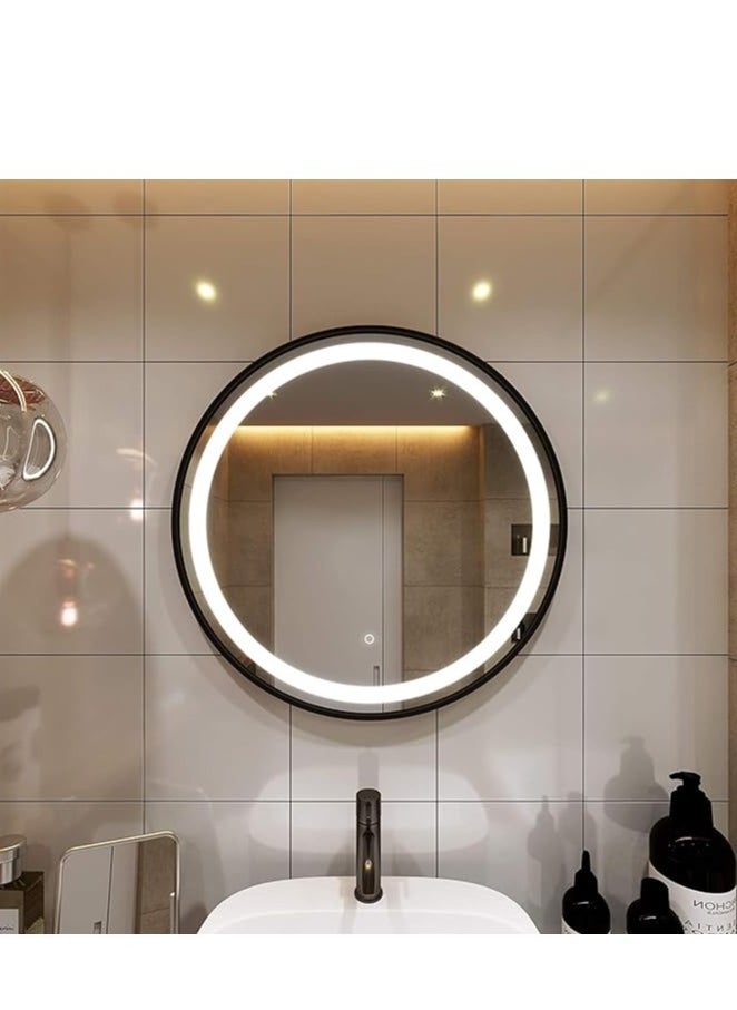 Round LED Backlit Vanity Mirror with Anti-Fog Function – Dimmable Bathroom Wall Mounted Mirror for Makeup, 70x70cm – Modern Circle Mirror with Adjustable Lighting