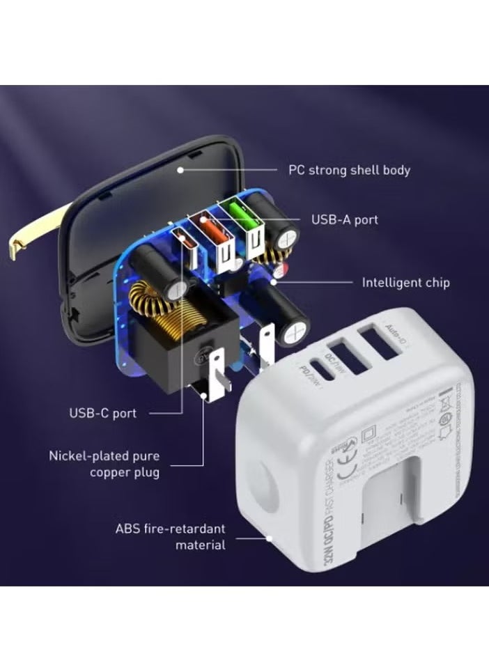 A3513Q High-Quality 3-Port USB Type-C 32W PD + 20W Fast Charger – Mobile Phone Adapter with QC 3.0, Wall Charger for Rapid Charging, Compatible with Smartphones, Tablets, Laptops & More