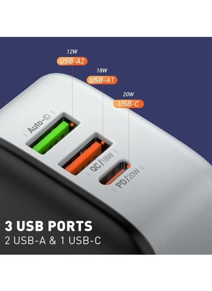 A3513Q High-Quality 3-Port USB Type-C 32W PD & 20W QC 3.0 Fast Charger, Mobile Phone Adapter, Wall Charger for Smartphones, Tablets, and Laptops – Rapid Charging Power Delivery