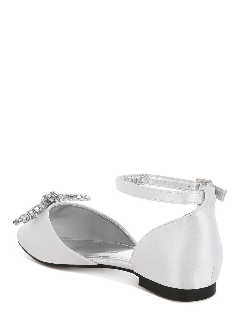 Rhinestone Detail Bow Flat Sandals in White