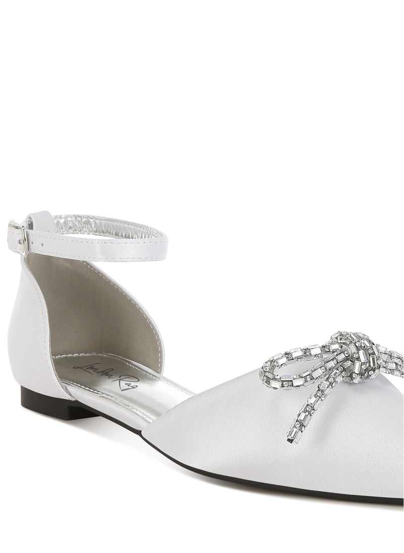 Rhinestone Detail Bow Flat Sandals in White