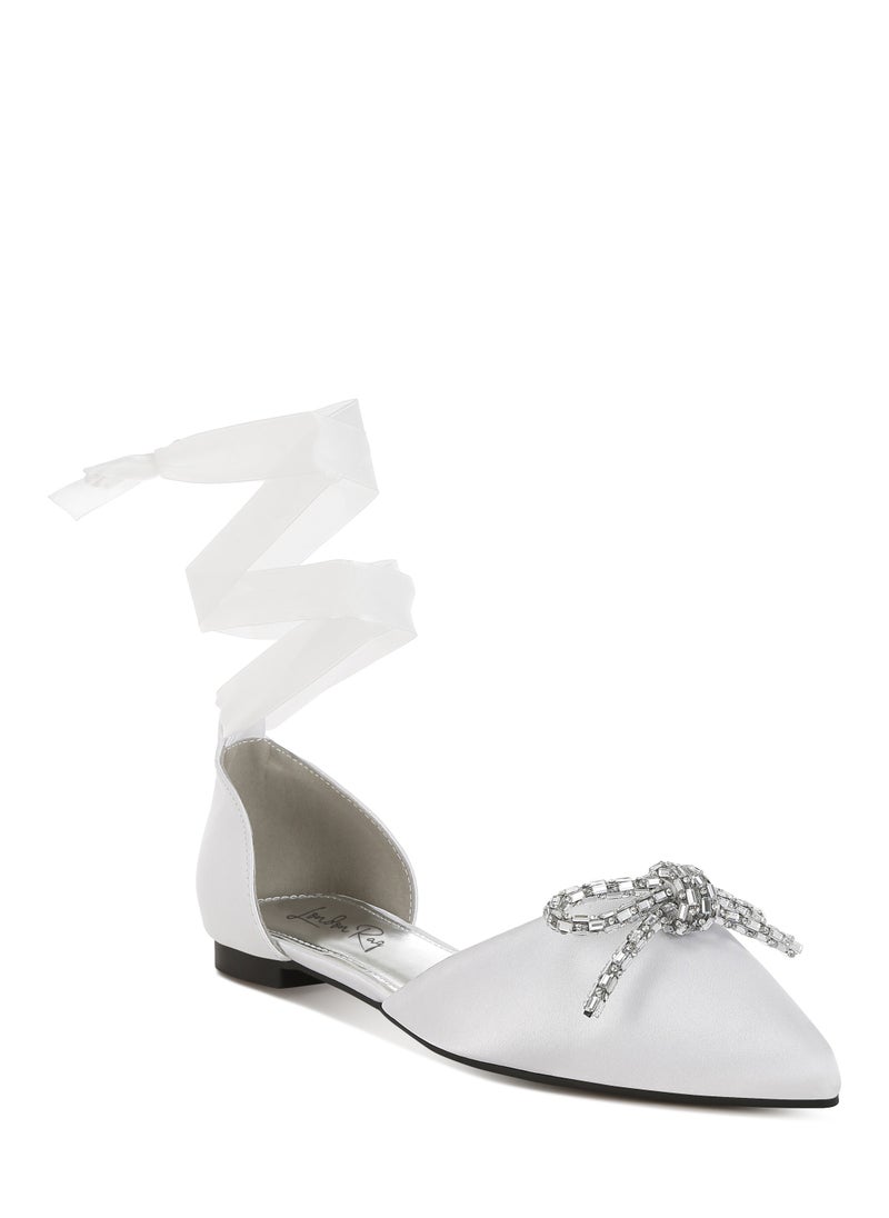 Rhinestone Detail Bow Flat Sandals in White