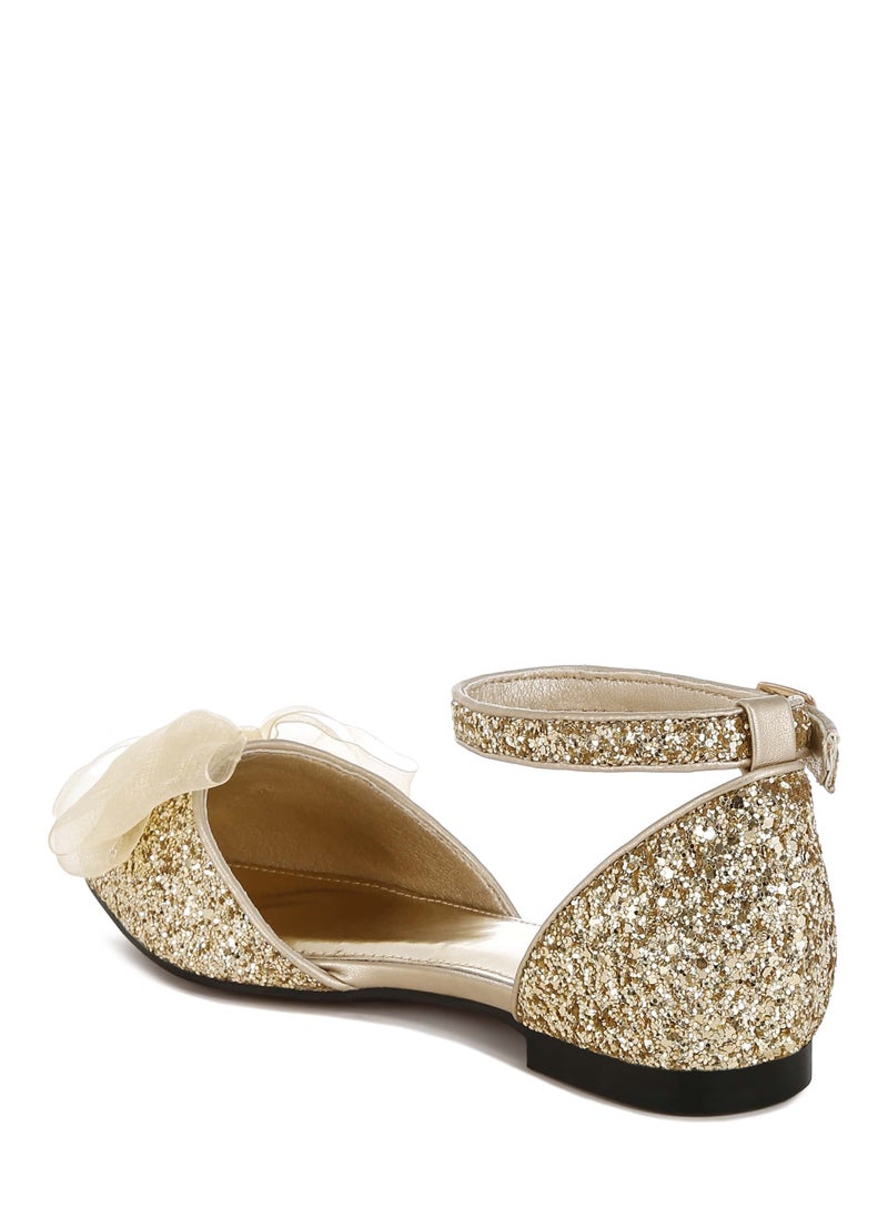 Sheer Bow Detail Glitter Flat Sandals in Gold