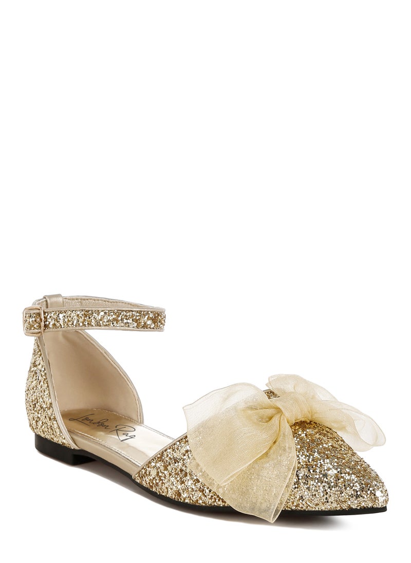 Sheer Bow Detail Glitter Flat Sandals in Gold