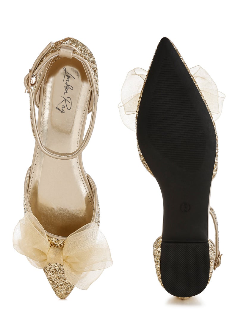 Sheer Bow Detail Glitter Flat Sandals in Gold