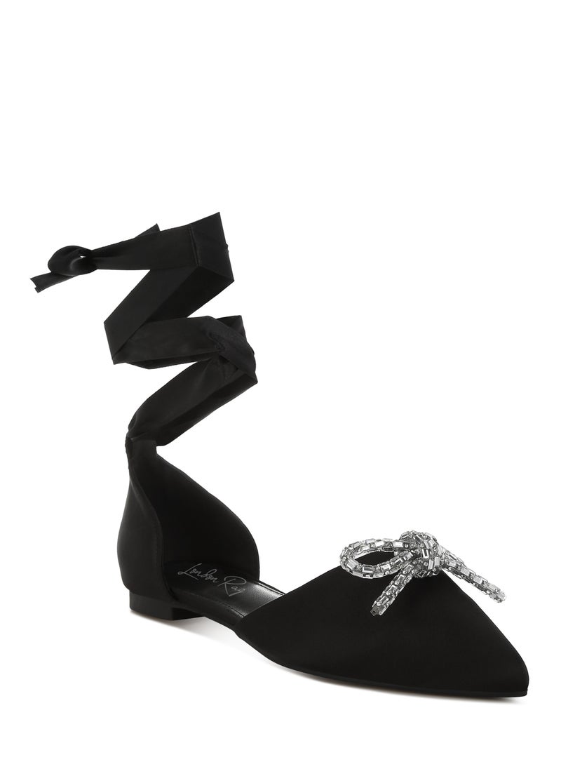 Rhinestone Detail Bow Flat Sandals in Black