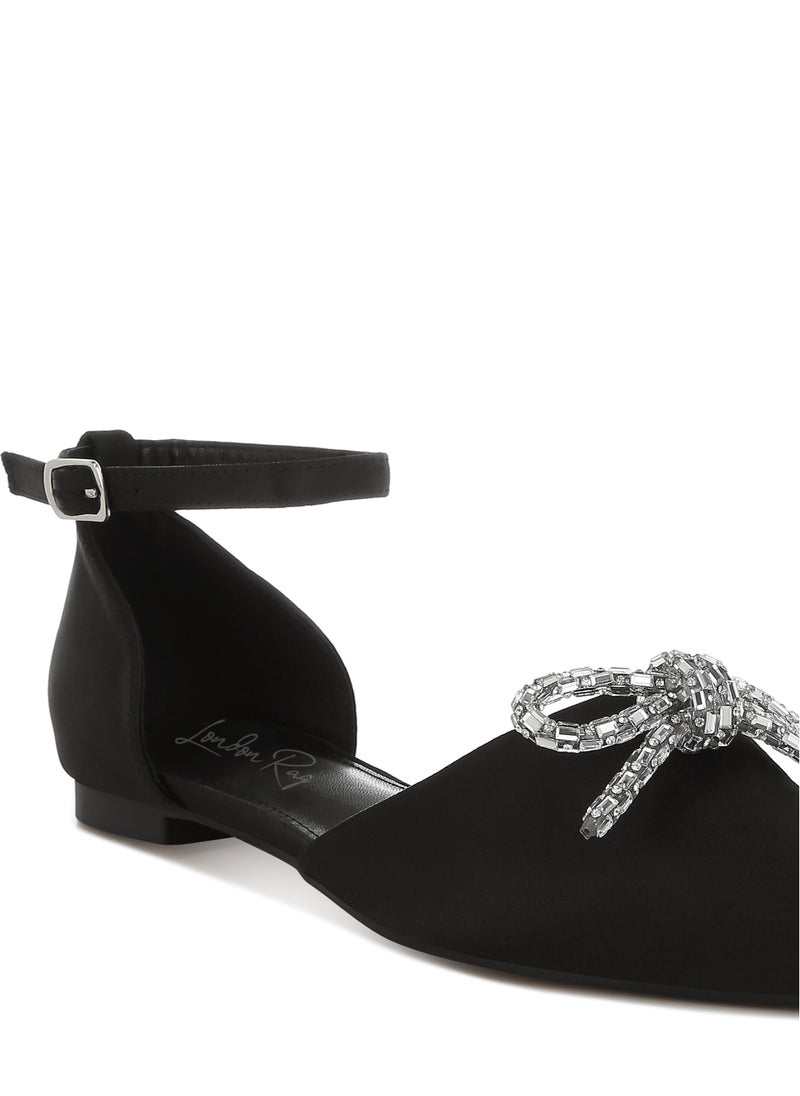 Rhinestone Detail Bow Flat Sandals in Black