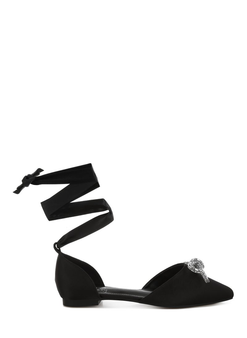 Rhinestone Detail Bow Flat Sandals in Black