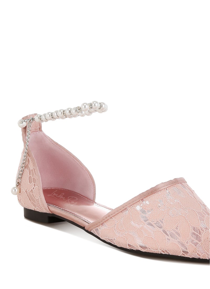 Pearl & Rhinestone Strap Flat Sandals in Blush