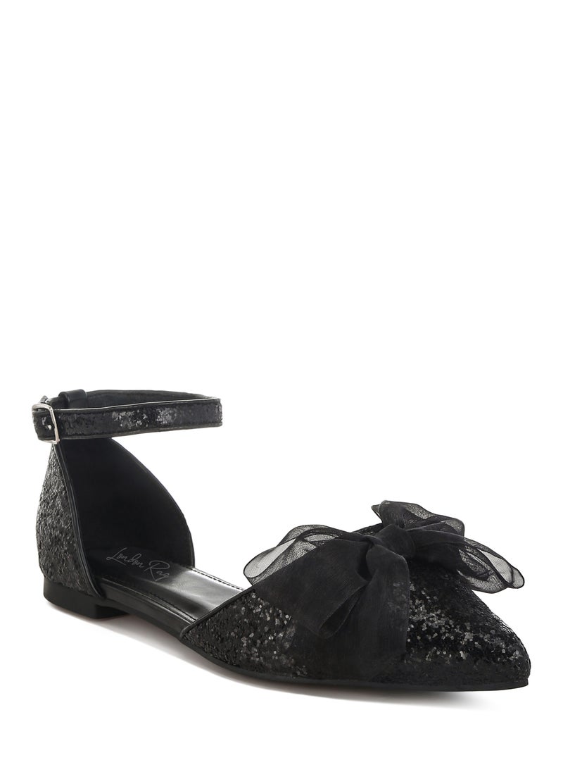 Sheer Bow Detail Glitter Flat Sandals in Black