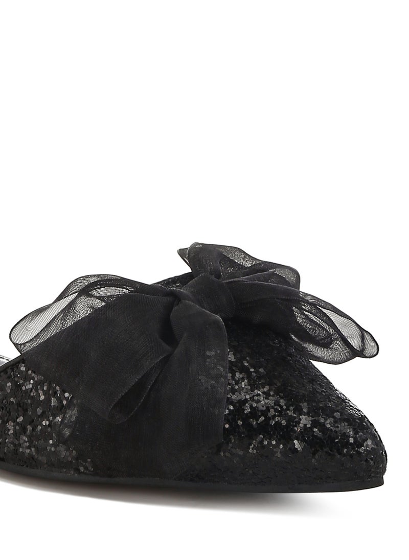 Sheer Bow Detail Glitter Flat Sandals in Black