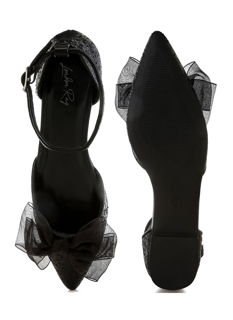 Sheer Bow Detail Glitter Flat Sandals in Black