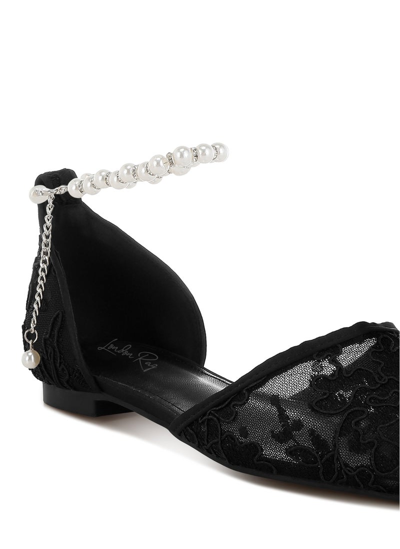 Pearl & Rhinestone Strap Flat Sandals in Black