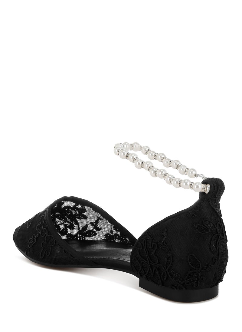 Pearl & Rhinestone Strap Flat Sandals in Black